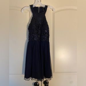 David’s Bridal Speechless High Neck navy blue mini dress